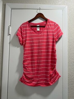 Maternity- Time and Tru Coral Pink Striped V-Neck Short Sleeve Top